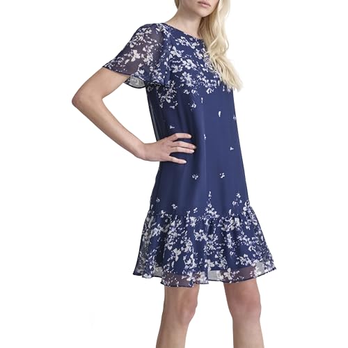 Image of DKNY Women's Flutter Sleeve Ruffle Hem Shift Mini Dress