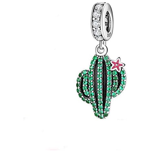 Plants and Insects Charm 925 Sterling Silver Cactus Charm Flowers Beads Botany Charm for Bracelet & Necklace (Green Cactus & Pink Flower) Cover