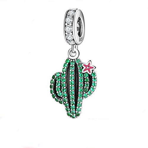 Plants and Insects Charm 925 Sterling Silver Cactus Charm Flowers Beads Botany Charm for Bracelet & Necklace (Green Cactus & Pink Flower)