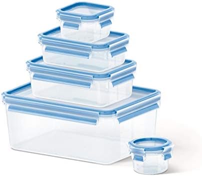 Emsa 508568 Clip & Close 5-piece set of food storage containers, various sizes, transparent/blue