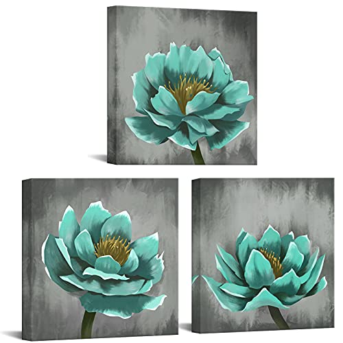 sechars - 3 Piece Canvas Wall Art Teal Blue Lotus Floral Painting Prints Modern Home Living Room Decoration Vintage Flower Artwork Gallery Canvas Wrapped Ready to Hang sechars - 3 Piece Canvas Wall Art Teal Blue Lotus Floral Painting Prints Modern Home Living Room Decoration Vintage Flower Artwork Gallery Canvas Wrapped Ready to Hang