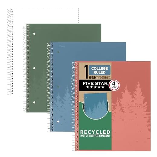 Five Star Spiral Notebook + Study App, Recycled Cover, 4 Pack, 1-Subject, College Ruled Paper, Fights Ink Bleed, Water Resistant Cover, 8-1/2” x 11", 100 Sheets per Pack, Assorted Colors (820046)