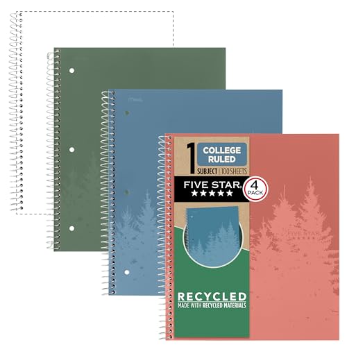 Five Star Spiral Notebook + Study App, 4 Pack, 1 Subject, Recycled College Ruled Paper,...