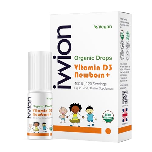 Image of ivvion Organic Vegan 400IU, Vitamin D3, 120 Drops – Baby Drop for Infants & Toddlers | USDA Organic, Non-GMO, Plant-Based, No Additives or Preservatives, All Natural, Made in UK