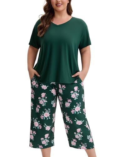 Image of Plus Size Pajamas for Women Set, Womens Plus Size Short Sleeve V Neck Capri Pants Pajama Sets with Pockets