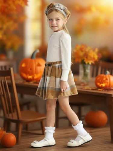 Image of Toddler Girl Outfits Puff Sleeve Ribbed Shirt Knitted Tops Pleated Plaid Skirt Set with Hat 3Pcs Fall Winter Clothes