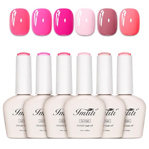 Imtiti Valentines Pink Gel Polish Set - 6 PCS 10ml Hot Pink Nail Polish Kit, Long Lasting 28+ Days, Self-Leveling & Chip-Resistant, Salon Quality, Transparent Cap Design（0.34 oz*6）