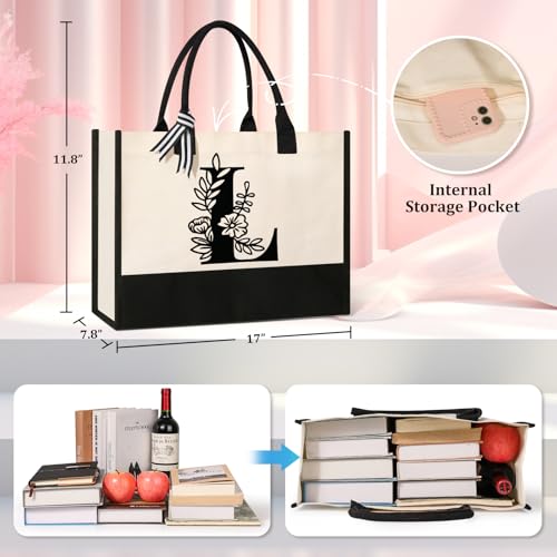 Image of Tecanne Personalized Initial Canvas Tote Bag, Suitable for Birthday, Wedding, Beach, Holiday, Gifts for Women, Mom, Teachers, Nurses, Best Friends, Bridesmaids (L)