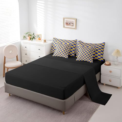 Image of Erosebridal Geometric Plaid Full Bed in A Bag 7 Pcs Yellow Blue Brown Checkerboard Bedding Set for Kids Boys Teen Adults,Checkered Grid Comforter Set with Sheets Modern Aesthetic Bed Set
