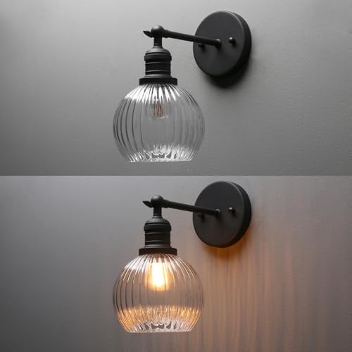 Image of PERMO Vintage Wall Sconce Indoor Adjustable Wall Sconce with Ribbed Globe Glass Shade Black Wall Light Fixtures for Hallway Bathroom Kitchen Living Room