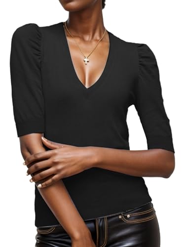 Image of Women's V Neck Puff Sleeve Sweater Pullovers Lightweight Work Ofiice Knitted Tunic Tops