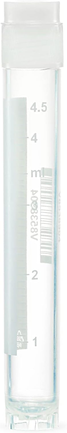 Globe Scientific CryoClear 3015-50 Polypropylene Barcoded Cryogenic Vial, 5mL Capacity, Sterile, External Threads, Attached Screwcap with Molded O-Ring, Round Bottom, Self-Standing (Case of 50)