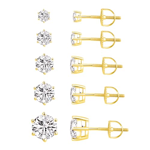 MDFUN Screw Back Stud Earrings Set for Women/Men,5 Pairs 18K Gold Plated Round Clear Cubic Zirconia Hypoallergenic Ear Pack Jewelry Gift