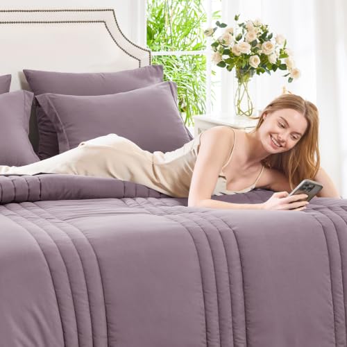 Image of CozyLux Full Size Comforter Sets Dusty Purple - 7 Pieces Bed in a Bag, Modern Vertical Quilted Room Decor, Soft All-Season Bedding Gift with Comforter, Sheets, Pillowcases & Shams