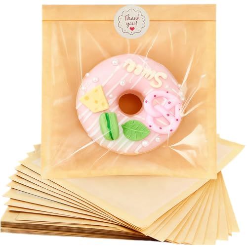 ARREBOL 100 Pack 7.1x7.5 Inch Cookie Bags with Window & Stickers for Packaging Sealable Grease Resistant Small Brown Paper Bakery Bags for Bread