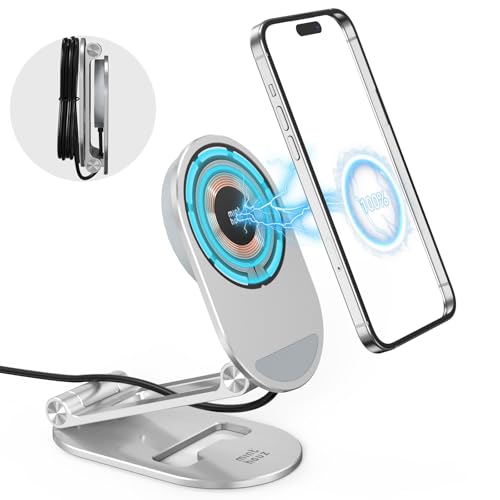 Magnetisches kabelloses Ladegerät, Minthouz Induktionsladegeräte, Verstellbarer Aluminium Telefonhalter mit 20W USB-C Schnellladegerät inklusive, für iPhone 16 15 14 13 12 Serie, AirPods 3/Pro 2/Pro