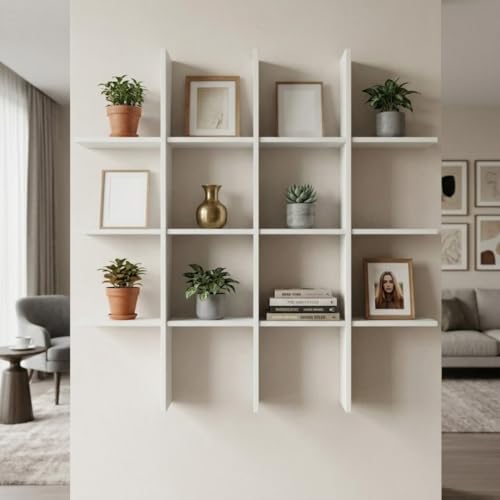 Image of Modern Wooden Wall Shelf for Living Room & Bedroom - Decorative Wall Mounted for Books, Showpieces & Home Decor - Multi-Compartment Floating Wall Organizer Full White
