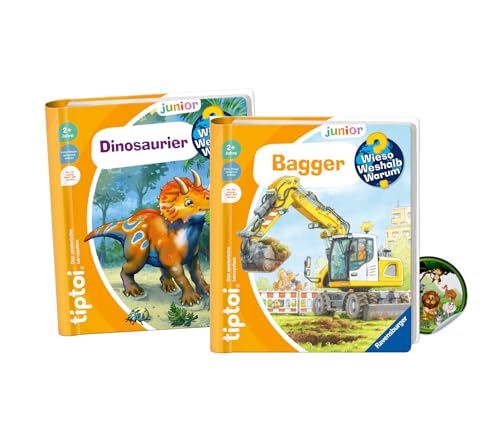 Tiptoi Wieso Weshalb Warum junior Dinosaurier + Bagger Set + Kinder-Sticker | Ravensburger Lernbuch Set ab 2 Jahre | interaktives Spielzeug ohne Stift