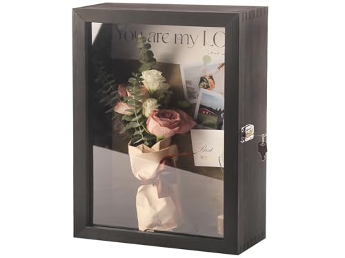 12”x17” Large Shadow Box Frame Depth 5in Extra Deep Shadow Boxes Wall Mounted Display Cases Hinged Door with Lock for Flowers Wedding Bouquet Pictures Photos Medals and Keepsake (Black)