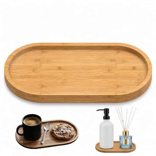 Image of Bamboo Bathroom Tray – Oval Wooden Soap Dispenser Tray for Sink, Countertop and Vanity – Small Bamboo Soap Dish for Jewellery, Candles, Cosmetics and Kitchen Organisation