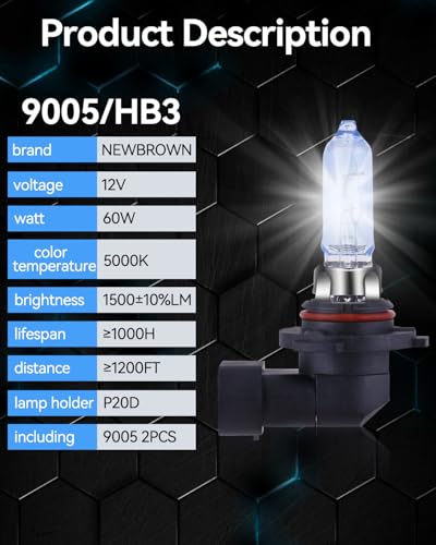 Image of NEWBROWN 9005 HB3 Headlight Bulbs HB3 Halogen Headlight Bulb 5000K Super White Light Long Life Replacement P20D 12V /60W (9005 /HB3, 2 Pack)
