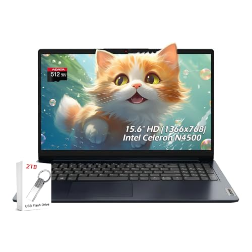 Image of Lenovo Ideapad 1 Laptop, 15.6 inch HD (1366x768) Anti-Glare, Intel Celeron N4500, 12GB RAM 640GB Storage(128GB eMMC+512GB Card),WiFi6, Bluetooth, Window11, Abyss Blue, w /2TB Flash Drive, W /GaLiMu
