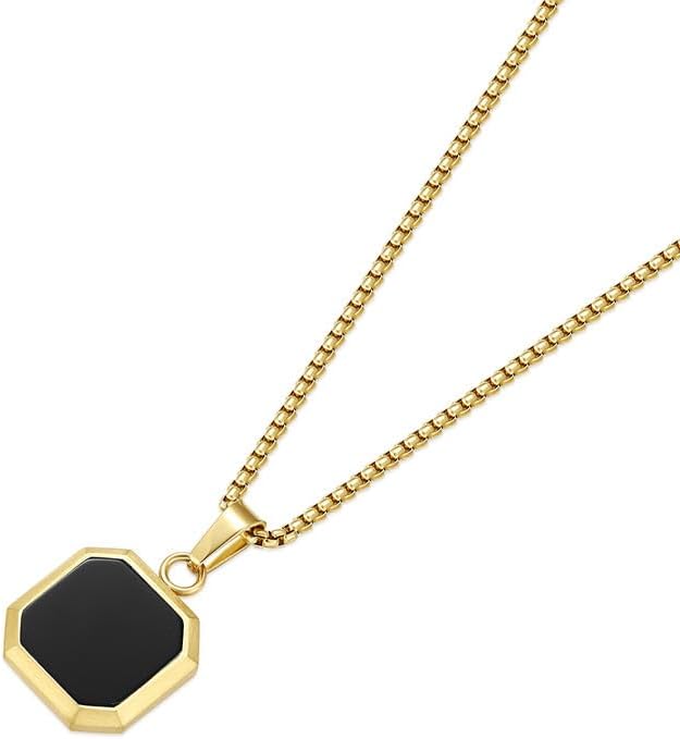 14K Gold Plated Necklace Black Onyx/Opal/Turquoise/Malachite/Lapis Lazuli/Tigers Eye Necklace for Men Women Stainless Steel Square/Rectangle Pendant Necklaces with Box Chain - Image 2