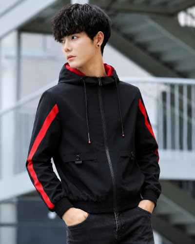 Image of Men's Hooded Windbreaker Jacket Lightweight Full Zip Color Block Casual Coat Water Resistant Outdoor Sports Hiking Running Travel Fashion Hoodie for Men