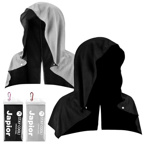QAUYETM 2 Pack Cooling Hoodie Towels - Stay Cool in Hot Weather with Instant Cooling Towels for Neck and Face - Camping Head Towel for Gym, Yoga, Sports Outdoors Activities-Gray and Black