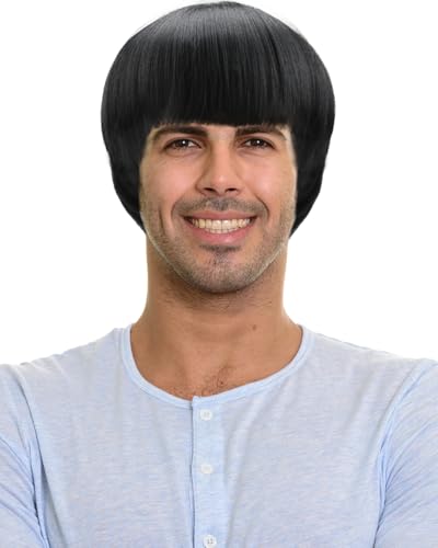 Short Mushroom Wig for Men - Synthetic 60s Bowl Cut Wigs for Anime Movie Music Costume Halloween Cosplay Party (Black) - High-Temperature Fiber - 5.9 Inches