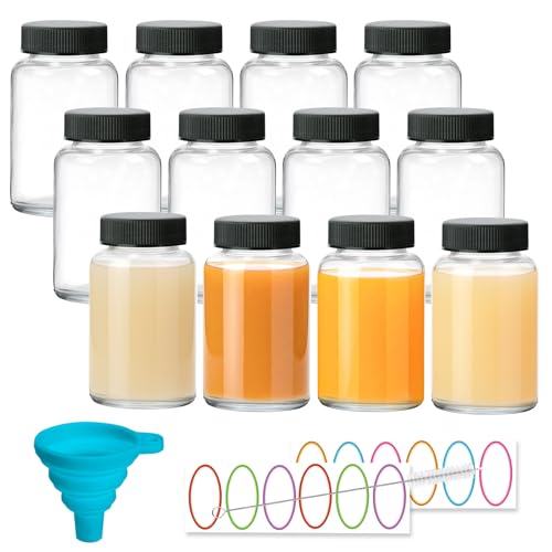 TOEKSIX 60ml/2oz Glass Shot Bottles with Black Caps 12Pack for Liquids Juicing Ginger Wellness Shot Sample - 60ml Reusable Clear Glass Shot Bottles with Screw Caps
