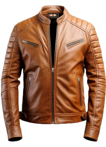 Men Genuine Real Leather Biker Motorcycle Jacket | Men Brown Cafe Racer Moto Leather Jacket