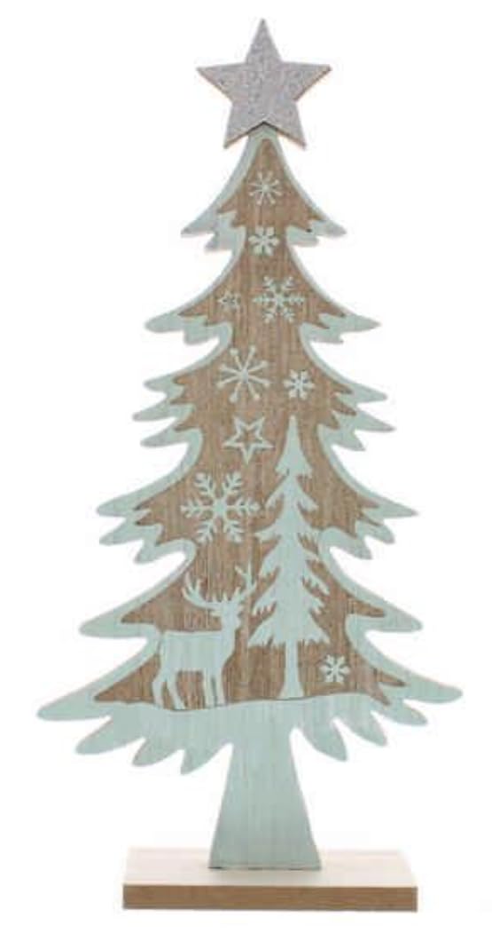 Festive Natural Wooden Christmas Tree Shaped Table Top Decoration With Reindeer Stag Tree & Snowflakes 31Cm Tall