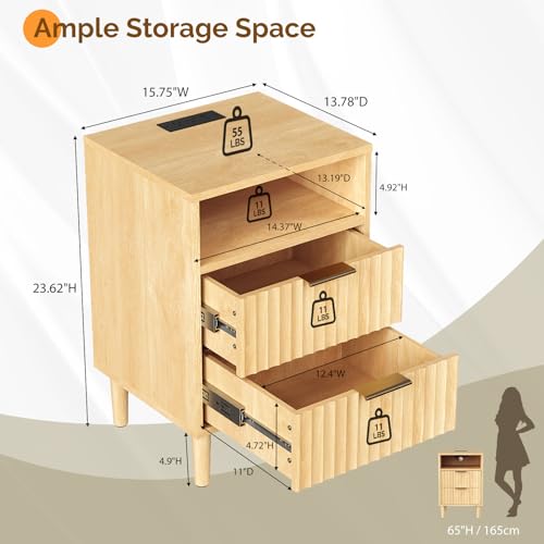 Image of VINGLI Fluted Nightstand with Charging Station, Wood Nightstand with 2 Drawers Night Stand for Bedroom, Fluted Bedside Table /End Table /Side Table with Pine Wood Legs, Oak, 15.75 inch W*15.55 inch D*23.62 inch H