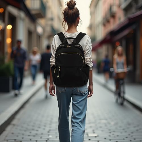 Medium Backpack Purse for Women, Fashion Nylon Daypack with Gold Hardware, Lightweight Water-Resistant Rucksack for College, Work, Travel, Everyday Use, Fits 13–14" Laptop (Black, Medium)2