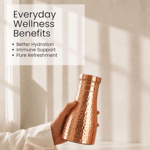 Image of Hammered Copper Bedside Pot | Pure Copper Water Vessel (Bedside Double) | Handcrafted Hammered, Copper Carafe with Lid, Ayurvedic Copper Vessel, Premium Gift Set