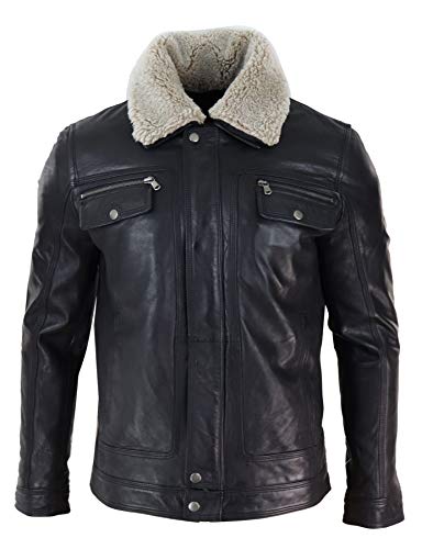 Mens Black brown Real Leather Jacket Sheepskin Collar Short Zip Button