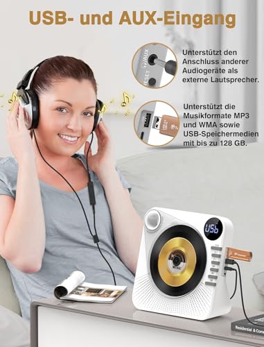 Greadio CD Player Tragbar mit Bluetooth 5.1, Kinder CD Spieler mit Lautsprecher, Fernbedienung, HiFi-Sound, Staubschutz, AUX/USB-Wiedergabe, Tragbarer cd Player für Zuhause (Weiß)