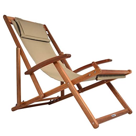 CASARIA® Folding Wooden Deck Chair with Armrests and Neck Pillow | Solid Acacia Wood Frame | Resilient 160kg Capacity | Foldable Adjustable Headrest Breathable Garden Sun Lounger Cream