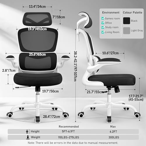 Image of BESTFAIR High Back Ergonomic Office Chair, Breathable Mesh Desk Chair with Lumbar Support, Adjustable Headrest, Flip-up Armrests, Computer Gaming Chair, (White)