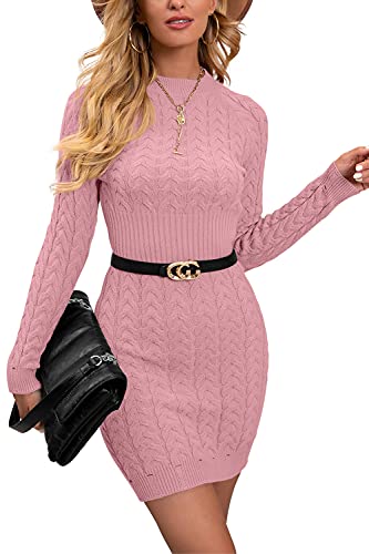Hiistandd Damen Langarm PulloverKleid Damen Strickkleid Schulterfrei Rundhals Einfarbige Flim Partykleid Warmer Pullover Kleider Elegantes Midikleid (Light Pink 02, Large) Cover