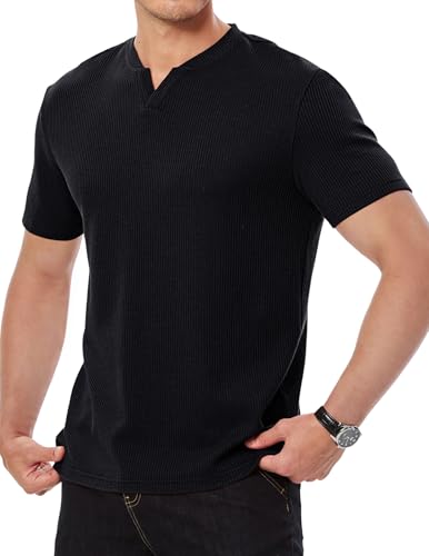 Meilicloth Mens T Shirt V Neck Waffle T Shirt Basic Slim Fit Short Sleeve Top Black