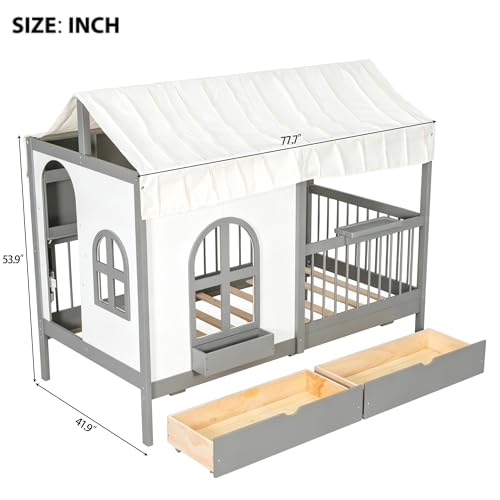 Image of Twin Size House Bed with 2 Large Drawers, Side Bookshelf with LED Strip, Cozy Reading Nook & Playhouse for Boys & Girls (Gray-TT)
