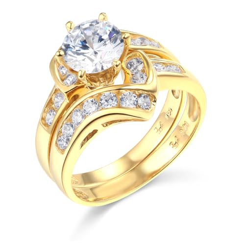 The World Jewelry Center 14k Yellow Gold SOLID Wedding Engagement Ring and Wedding Band 2 Piece Set
