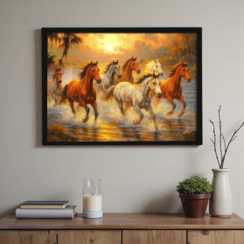 Image of 7 Running Horses Vastu Framed Wall Art Painting for living Room| Seven Horse Painting With Frame Symbol of Success & Positive Energy Wall Art for Living Room & Office, 10x12 Inch
