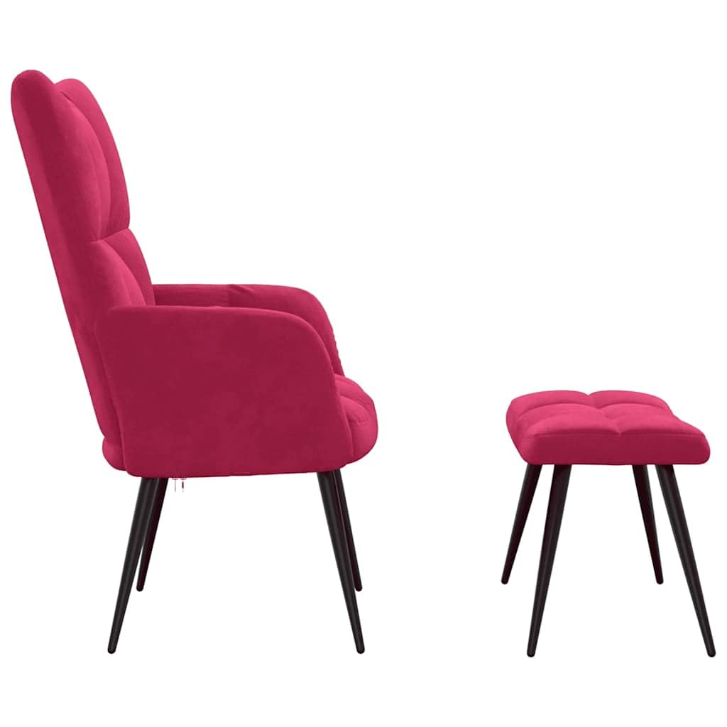 Sillón de relax con taburete de terciopelo, color rojo vino | Elegante sillón con reposapiés para dormitorio y rincón de lectura. Acolchado de espuma gruesa en marco de acero.