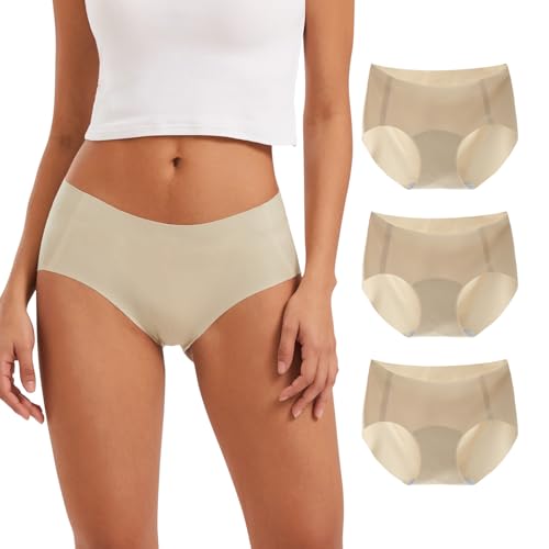 INNERSY Nude Seamless Knickers for Women No Vpl Underwear Microfibre Invisible Pants Pack of 3 (14, Beige)