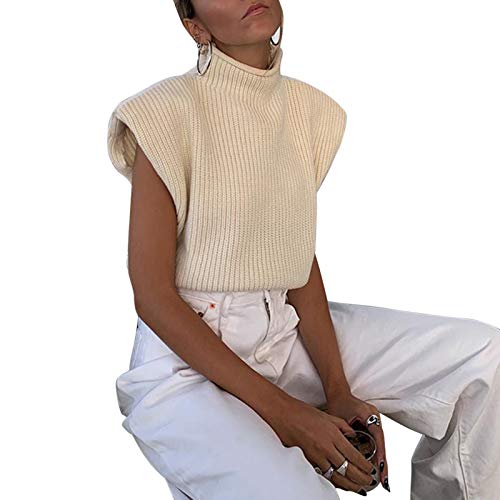 Women Knit Sweater Vest Sleeveless Shoulder Pad Turtleneck Pullover Solid Knitted Jumper Top Apricot #TOP2