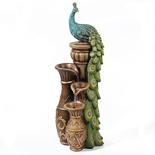 Luxenhome Outdoor Water Fountains, 44" Resin Pedestal Peacock And Urns Garden Water Fountain Outdoor With Led Light, Tall Fountains Outdoor For Garden Patio And Backyard, Brown/Teal Peacock Fountain #TOP7