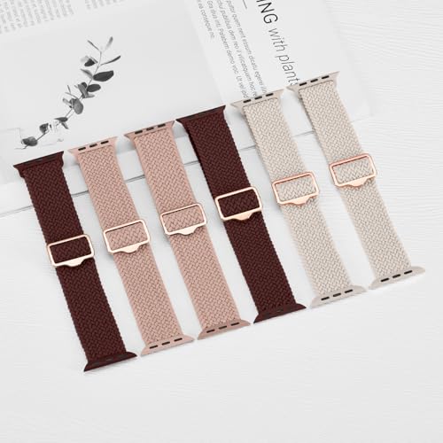 Image of 6 Pack Braided Stretchy Bands Compatible with Apple Watch Band 38mm 40mm 41mm 42mm 44mm 45mm 46mm 49mm Women Men, Adjustable Nylon Solo Loop Elastic Straps for iWatch Series 11 10 9 8 7 6 5 4 SE Ultra